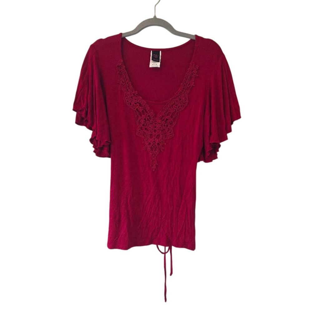 Wrapper Womens Medium Red Crochet Neck Flutter Sleeve Tie Back Top
